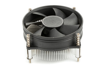Сomputer components, fan. Cpu cooler, heat sink with on isolated white background.