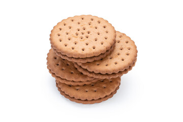 Chocolate cookies with cream filling on white background.