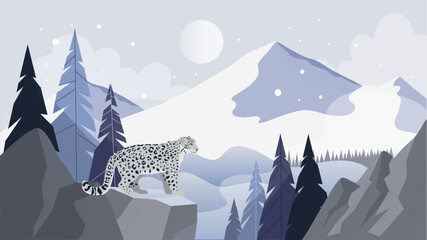 Young snow leopard in the snowy mountain - obrazy, fototapety, plakaty