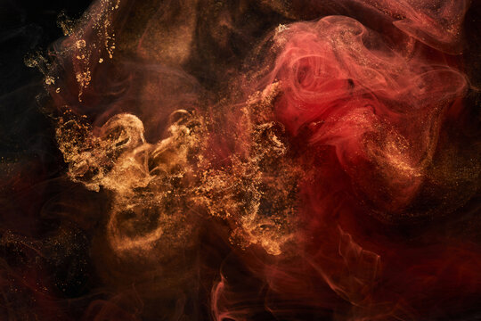 Red black sparkling abstract background, luxury golden smoke, acrylic paint underwater explosion, cosmic swirling ink
