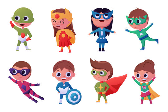 Kid superhero, girl child fly. Little brave super hero in carnival costume, strong boy. Heroic comic party. Justice fighters. Characters in active poses. Vector design recent illustration