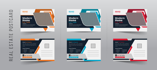 Corporate Real estate postcard template design in vector, real estate agency postcard design with creative shapes