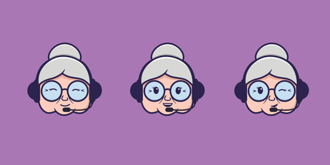 grandmother's face in headphones with different emotions