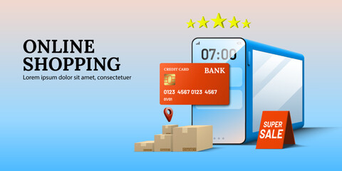 Online shopping smartphone store with location map pin credit card parcel boxes and stars