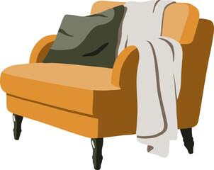 Yellow vector armchair with light plaid and green pillow