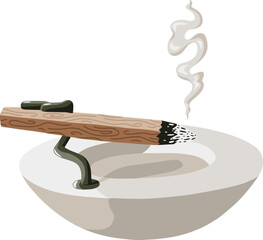 Vector wooden aroma stick smolders on a stand and smoke comes out