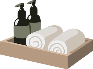 Vector wooden organizer with white towels and two jars of shampoos