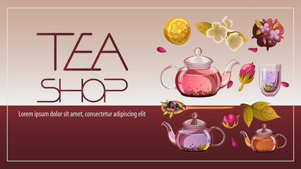 Teapots,kettles,cups,mugs,tea,leaves,rosebuds,flowers,text on white gray. Tea shop,cafe-bar,tea party,beverages concept. Vector illustration for poster,banner,flyer,menu,advertising. 