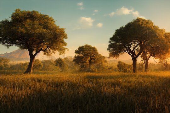 Savannah with trees, green grass, bushes and mountains on the horizon under a clear sky 3d illustration