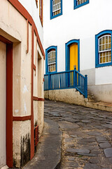 Street with cobblestones and houses with colonial architecture in the old and historic city of...