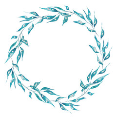 Wreath of mistletoe branches blue leaves watercolor. Template for decorating designs and illustrations.