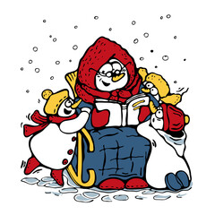 Snowman Grandmother with book and children in chair in winter The most important life things arent things