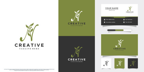 Monogram initial n and olive logo design with unique concept and business card - obrazy, fototapety, plakaty