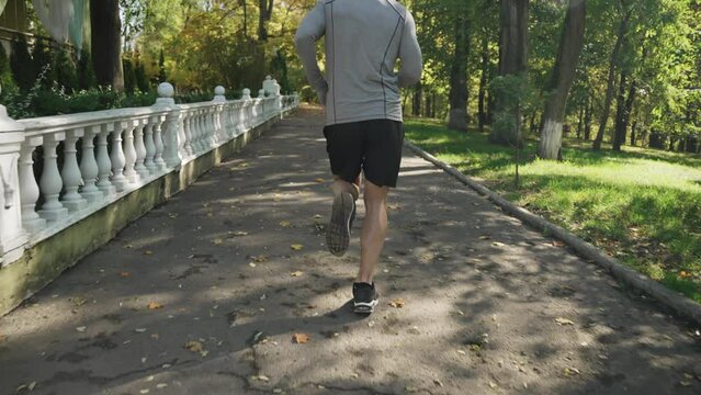 A man jobs in an autumn park, slow motion, running in nature