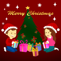 red Merry Christmas greetings, banners and billboards with a snowy night background, Christmas trees and children celebrating Christmas with Christmas gifts.