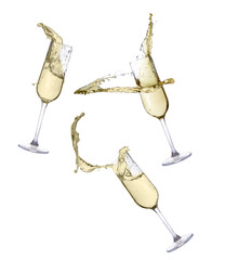 Glasses of champagne with splashes isolated on white background  - obrazy, fototapety, plakaty