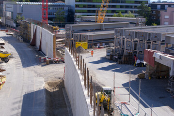 Aerial view of highway enclosure construction site at City of Z&uuml;rich on a sunny summer day. Photo taken August 16th, 2022, Zurich, Switzerland.
