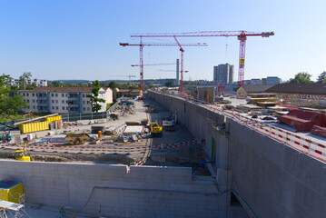 Aerial view of highway enclosure construction site with subway at City of Z&uuml;rich on a sunny summer day. Photo taken August 16th, 2022, Zurich, Switzerland.