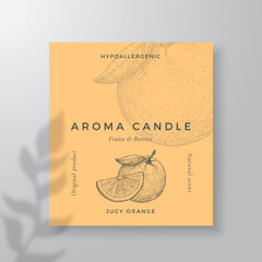 Aroma candle vector label template. Orange citrus scent from local purveyors advert design Ink style sketch background layout decor Natural smell product package text space