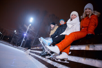 group of friends skating rink winter, entertainment christmas night, sports fun youth
