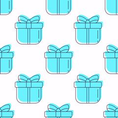Vibrant vector seamless pattern of blue giftbox on white background. Colorful illustration for printing, wrapping, wallpapers, postcards, textile. Christmas and New Year concept
