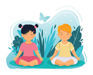 Yoga with children.Boy and girl sit in the lotus position.Vector illustration.Flat style. - 543697082