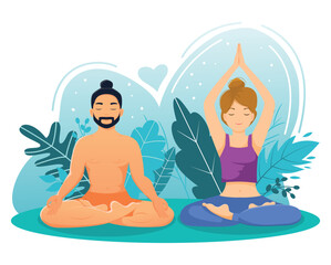 Man and woman meditate together. couple yoga. Vector illustration.Flat style. - 543697084