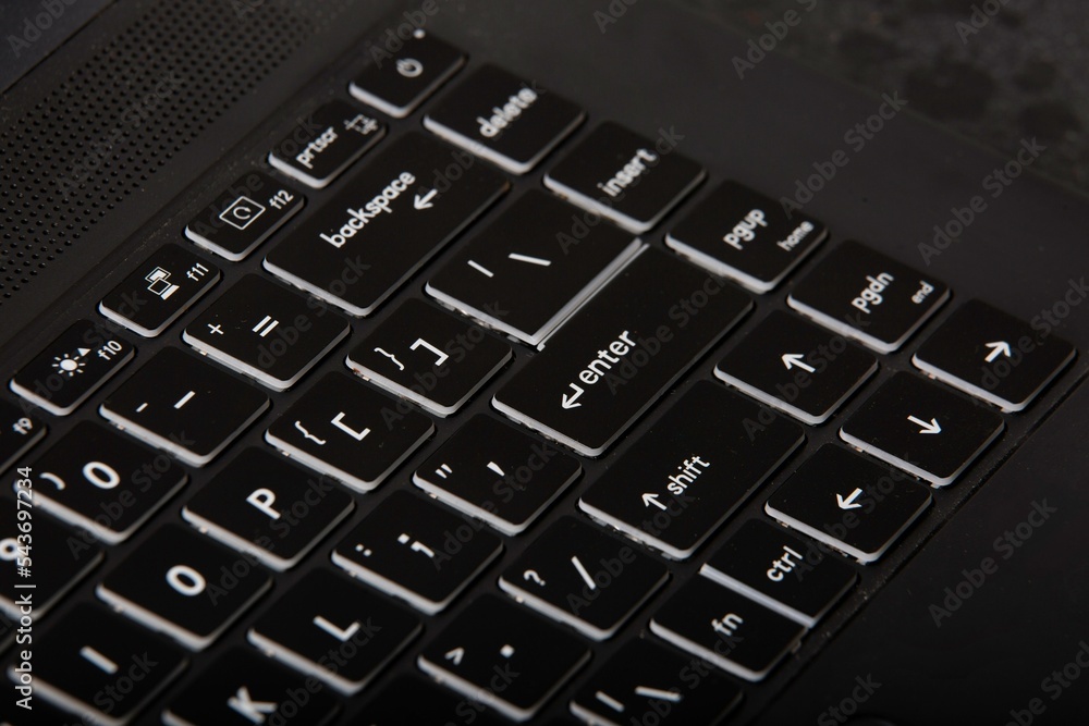 Poster closeup of a black computer keyboard with white letters and numbers on it