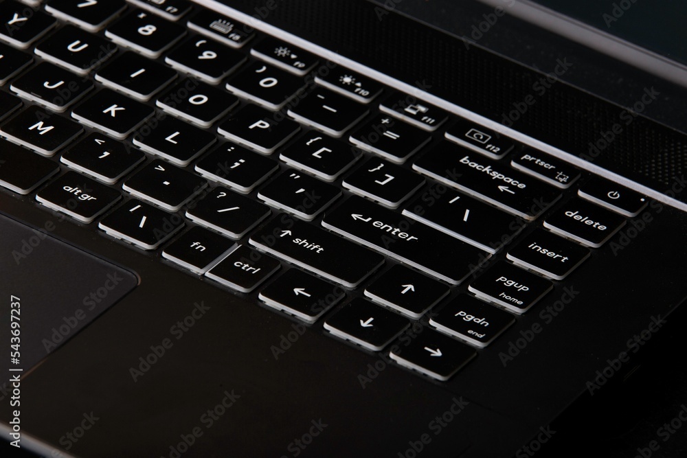 Poster closeup of a black computer keyboard with white letters and numbers on it