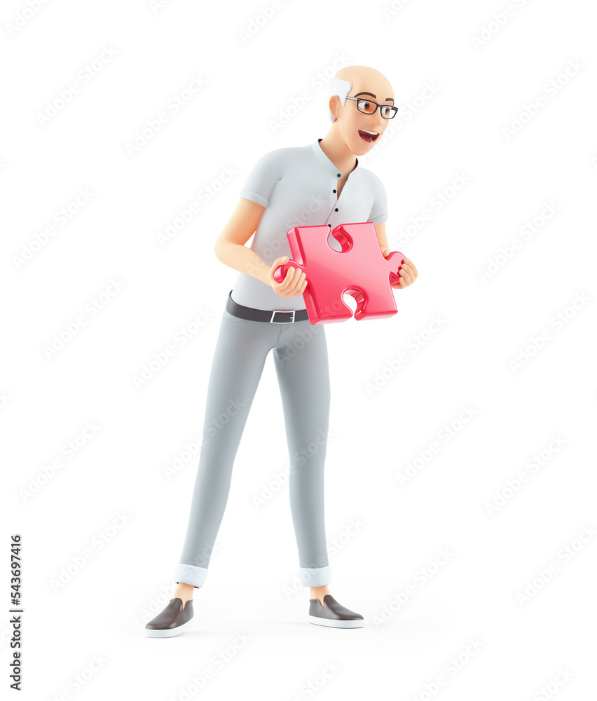 Wall mural 3d happy senior man holding piece of puzzle