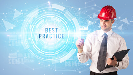 Handsome businessman with helmet drawing