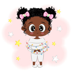 Cute Afro Girl with Garland Christmas Vector Illustration