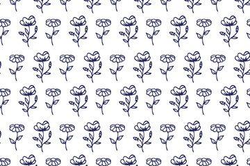 Line art floral pattern background. Linear drown black  flowers on white background, repeating design elements. 