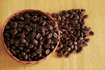 coffee beans in a wooden bowl