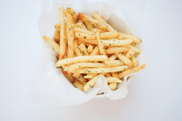 overhead shot of French Fries on white background 