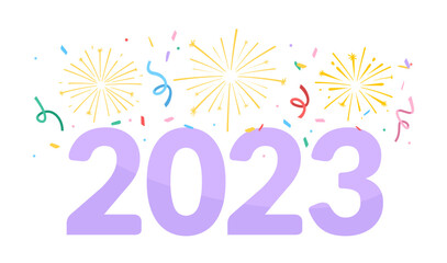 Happy New Year 2023. New Year celebration with fireworks and confetti on a white background. Flat vector illustration.