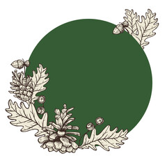 Round frame with cones and oak leaves.