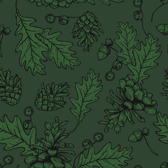 Seamless green pattern with cones and oak leaves.