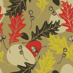 Seamless pattern with autumn oak leaves and acorns.