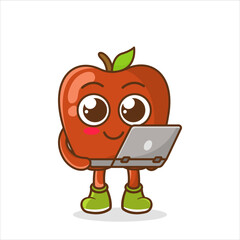 apple holding laptop mascot vector cartoon illustration. vector illustration of cute apple fruit business or character holding laptop. cute apple fruit Concept White Isolated.