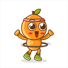 Cute funny orange fruit make workout with hula hoop. Fruit character concept. Vector hand drawn cartoon hawaii character illustration icon. Isolated on white background.