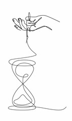 Continuous drawing with one line in the hand of a burning candle and a time timer. Close-up vector illustration.