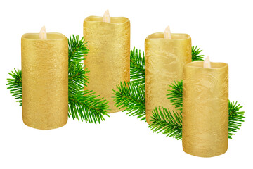 Vier goldene Echtwachs LED-Kerzen mit Tannenzweigen  Hintergrund transparent