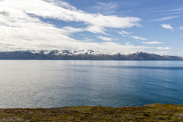 a panoramic view from the cliff over the Skjálfandi bay near the small town Húsavík, Iceland 