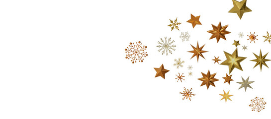 new year pattern. Christmas theme, golden openwork shiny snowflakes, star, 3D rendering.