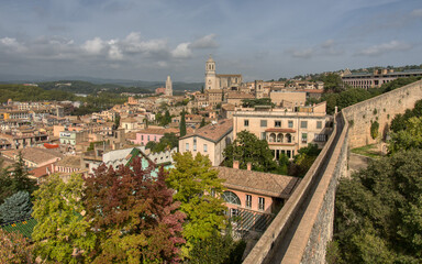 Fototapeta na wymiar Panoramic view of Girona, the city walls and its cathedral Catalonia, Spain