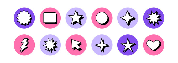 Set of highlight covers in y2k aesthetic. Vector stickers with stars, abstract shapes, heart and computer arrow. Retrowave concept. Icons set in 90s, 00s style