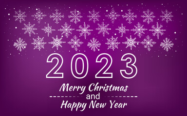 Fototapeta na wymiar 2023 Velvet Violet Christmas card with white Snowflakes. Merry Christmas and Happy New Year text with Snowflakes, lettering for greeting cards, banners, posters, isolated vector illustration