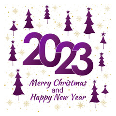2023 Velvet Violet Christmas card with Christmas tree and golden Snowflakes. Merry Christmas and Happy New Year text with Snowflakes, lettering for greeting cards, banners, posters, illustration