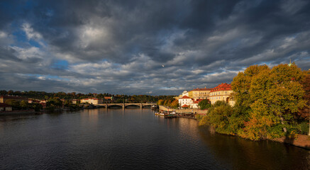 Europe, Czech Republic, Prague, autumn, river, Charles Bridge, sky, clouds, Royal Palace, castle